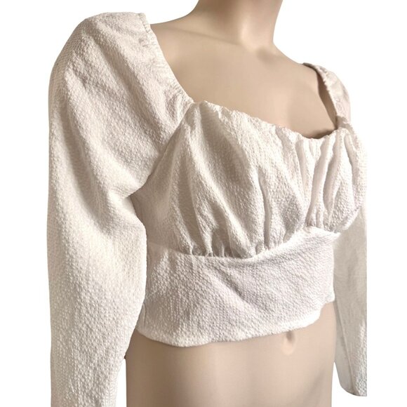 Astr The Label Cream Textured Cropped Top Size XL Long Sleeve Puff Shoulder Stre - Picture 8 of 9